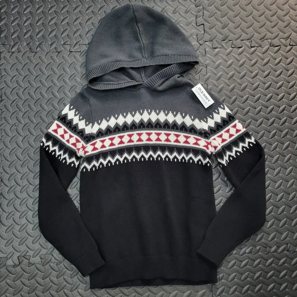 Old Navy Fair Isle Knit Hoodie Sweater Gray Black Red Kids Medium 8 NWT